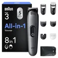 Produktbild: Braun All-in-One Trimmer-Set 3, 8-in-1 Multigroom, Barttrimmer, Haarschneidemaschine für Gesicht und Kopf, 50 Min Akku, 14 Längen (3–21 mm), AIO3540, Grau