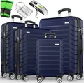 Produktbild: tillvex® Reisekoffer Set 4-TLG. + Gepäckwaage, 8X Koffergurte & 4X Kofferanhänger | Kofferset 4 Rollen | Trolley Gepäck Koffer TSA Schloss | Rollkoffer Hartschalenkofferset S-M-L-XL (Navyblau)