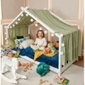 Produktbild: 3 tlg.Kinder-Betthimmel Moon Kinderzimmer Deko-Set 110x360 cm Musselin Baldachin Baumwolle 100% GOTS-er mit 2x LED-Baumwoll-Lichterkette für Hausb... - Grün