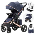Produktbild: Daliya® Rapidy Buggy Kinderwagen 0-36 Monate Sportwagen mit Liegeposition Wickeltasche, Winterfußsack, Ess- & Spieltisch und mehr (Blau - Gold)