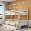 Produktbild: Flieks Etagenbett 90x200cm mit Rausfallschutz, Hausbett Kinderbett mit Leiter und Schubladen, Hochbett für 2 Kinder