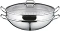 Produktbild: WMF Wok Wokpfanne Macao 36 cm, Induktion, Cromargan® Edelstahl Rostfrei 18/10 (Set, 4-tlg., 1 x Wok mit Glasdeckel, Dämpfeinsatz, Rezeptheft), für alle Herdarten geeignet, scharfes Anbraten bei hohen Temperaturen