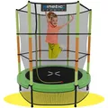 Produktbild: KINETIC SPORTS Kinder Trampolin JUMPER 140 cm - Inklusive Gummiseil Federung, Sicherheitsnetz mit Reißverschluss, Rahmenpolster, Schutz Bodennetz - Indoor Kindertrampolin Spielzeug Grün-Orange