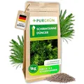 Produktbild: Purgrün® Schirmtanne-Dünger 1 kg – Leuchtend grüne Nadeln dank extra Magnesium – Verbessert die Bodenqualität mit Tonmineralien – Ergiebiges Krümelgranulat für ca. 5-6 Schirmtannen – chloridarm