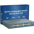 Produktbild: YuanLey 26 Port PoE Switch, 24 PoE+ Port 100Mbps, 2 Uplink Gigabit, 802.3af/at 400W, Nicht verwaltetes Plug-and-Play für die Rackmontage