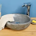 Produktbild: 35 cm Naturstein-Waschbecken Flussstein grau oval aussen poliert WOHNFREUDEN
