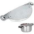 Produktbild: Relaxdays Abgießhilfe Edelstahl, HxB: 32,5 x 13 cm, Schöpfsieb, für Töpfe und Schüsseln, platzsparend, Metall, silber