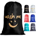 Produktbild: IHOMAGIC Reise Wäschesack mit Kordelzug Wash me Wäschesammler Wäschetasche Wäschebeutel Groß Wäschekorb Aufbewahrungstasche für Wohnungen oder Häuser Goldene Lächeln Wäschebehälter 66x96cm, Schwarz