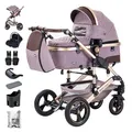 Produktbild: Daliya® BAMBIMO 3in1 Kinderwagen & Buggy mit Auto-Babyschale, XXL-Set, Wickeltasche, Regenschutz, Spiel- und Esstisch, Airless-Räder, Alu-Rahmen (Rose - Rahmen Gold)