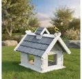Produktbild: Feel2Home Vogelhaus Vogelvilla in Grau Weiß aus Holz Vogelfutterhaus Vogelhaus mit Dach, Erhöhung am Rand sorgt dafür dass das Futter nicht herausfällt