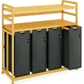 Produktbild: AdelDream Wäschekorb Wäschesortierer mit Regalen 4 Fächer 2 Ablagen Wäschebox Bambus Wäschesack ausziehbar und abnehmbar Laundry Basket 200L Grau - Dunkelgrau
