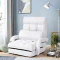 Produktbild: GOPLUS Klappbarer Bodenstuhl mit Armlehnen und Kissen, Comfort Mehrwinkel-Sessel aus Baumwolle, Faules Schlafsofa mit Verstellbarer Rückenlehne (weiß)