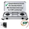 Produktbild: BlueCraft Gaskocher 2 flammig mit Zündsicherung 50mbar Propan Gas Campingkocher 4,4 kW, (mit Schlauch 100 cm und Gas Regler Druckminderer), Camping Gas Kocher 2 flammen für Gasflasche Gasherd Gas-Kochfeld