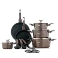 Produktbild: DMS® 15-teilig Induktion Kochgeschirr Kochset Töpfe Pfannen Bratpfanne Kasserolle Suppentopf Glasdeckel 3 Küchenutensilien 2 Topfuntersetzer Marbel Beschichtung Spülmaschinengeeignet (Carbon Metalic)