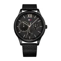 Produktbild: Tommy Hilfiger Herren-Multifunktions-Quarzuhr mit 44 mm - Schwarzes Zifferblatt mit Clou de Paris Muster, Schwarzes Edelstahl-Mesharmband, Wasserbeständig bis 5ATM - 1791420
