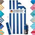 Produktbild: Blumtal Strandtuch XXL aus Mikrofaser - kompaktes und schnelltrocknendes Handtuch/Strandhandtuch 90x180 - Stranddecke sandfrei mit Band - Microfaser Handtücher - Stranddecke in Blau gestreift