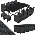 Produktbild: Juskys Polyrattan Sitzgruppe Baracoa XXL 13-teilig wetterfest & stapelbar – Gartenmöbel Set mit 8 Stühle, 4 Hocker & Tisch für Garten & Terrasse - Schwarz/Grau