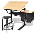 Produktbild: vidaXL Zeichentisch Zeichentisch mit neigbarer Tischplatte 3 Schubladen und Hocker