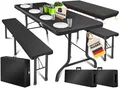 Produktbild: KESSER® Bierzeltgarnitur 3-teilig Set Tisch & 2x Bank | Buffettisch für drinnen & draußen Gartengarnitur klappbar 183x76x74cm Kunststoff Klapptisch Rattan-Look Gartentisch Inkl Abdeckung & Tragegriffe