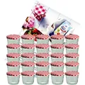 Produktbild: 25er Set Sturzglas 230 ml Marmeladenglas Einmachglas Einweckglas To 82 rot karierter Deckel incl. Diamant-Zucker Gelierzauber Rezeptheft