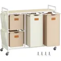 Produktbild: VASAGLE Wäschekorb mit 3 Fächern, 100 L Wäschesortierer, rollbarer Wäschewagen mit Ablageflächen, abnehmbare Beutel, 6 Etiketten, Naturbeige, Kamelbraun und Cremeweiß