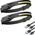 Produktbild: 2 x LED Stirnlampe, Sensorscheinwerfer USB wiederaufladbar Kopflampe, IPX4 wasserdicht, Schwarz