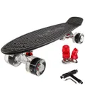 Produktbild: FunTomia 57cm Mini-Board Skateboard mit oder ohne LED Leuchtrollen inkl. Aluminium Truck, ABEC-9 Kugellager und T-Tool (schwarz)