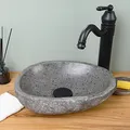 Produktbild: wohnfreuden Flussstein Aufsatzwaschbecken 30 cm oval grau – Naturstein-Waschschale fürs Bad – massiv, langlebig, Unikat
