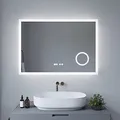 Produktbild: AQUABATOS® Badezimmerspiegel ECHOS-Serie 100x70cm Typ D Badspiegel mit Beleuchtung Antibeschlag Kosmetikspiegel Schminkspiegel 3 Fach Vergrößerung Digital Uhr Touch Schalter Dimmbar Kaltweiß 6400K