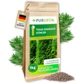 Produktbild: Purgrün® Thuja-Smaragd-Dünger 1 kg – Extra Magnesium schützt vor Nadelverfärbungen – Fördert ein dichtes Wachstum – Tonmineralien für einen gesunden Boden – Heckendünger für ca. 30 Pflanzen