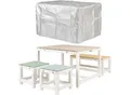 Produktbild: WONDERMAKE® Design Kindersitzgruppe Outdoor Garten Holz mit Abdeckung, Kinder-Sitzgarnitur Indoor Picknick-Gruppe ab 3 Jahre, weiß bunt