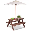 Produktbild: COSTWAY Kinder Sitzgruppe mit abnehmbarem Sonnenschirm, Kindermöbel Holz Sitzgarnitur Kindertisch Picknickbank 4 Sitze verfügbar - Braun