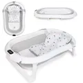 Produktbild: moovkee. Grau Faltbare Baby Badewanne mit Thermometer und Badekissen - 80cm Babybadewanne für Baby 0-36 Monate - Kinderbadewanne Sicher für Ihr Neugeborene