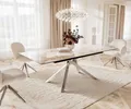 Produktbild: DELIFE Esstisch Edge 180-220x100 Keramik Minas Melange Weiß-Beige Kreuzgestell Rechteck Edelstahl ausziehbar