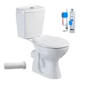Produktbild: Belvit Stand-WC mit Wandabgang waagerecht, Keramik-Aufsatzspülkasten, Softclose WC-Sitz, Zwei-Mengen-Spültechnik 3/6 Liter, Anschluss unten links, Maße 70x41x36 cm, Weiß, bodenstehend