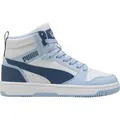 Produktbild: Puma Rebound V6 Mid Jr White-Dark Indigo-Haute Tropic Größe EU 39 - Hellblau/Weiß/Dunkelblau - 39