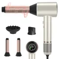 Produktbild: PARWIN PRO BEAUTY Air-Sonic Föhn, HD-LED Anzeige Fön, Haartrockner mit 110,000RPM Bürstenlosem Geräuscharm Motor, 2x 32mm Auto Wrap-Curler, 25M/S Luftstrom für Schnelle Trocknung （Champagne Silver）