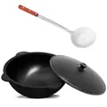 Produktbild: Wok Gusseisen 10 L (runder Boden) Kazan mit Schaumkelle NAMANGAN Uzbek Kasan Uzbekisch Asia WOK Cast Iron KESSEL Camping Usbek Schwenktopf Topf mit Aluminium Deckel Grillwok Gusstopf Wokpfanne