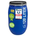 Produktbild: plasteo 120 Liter Weithalsfass als Regentonne/Futtertonne - Fass mit Deckel & Spannring, Lebensmittelecht, HDPE Kunststoff, Blau, 80,5 x 51 cm