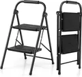 Produktbild: GOPLUS 2 Stufen Trittleiter, Klappbare Stehleiter bis 150kg, mit rutschfesten Breiten Pedalen und bequemem Griff, Tragbare Stufenleiter für Zuhause und Büro, Schwarz