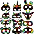 Produktbild: Qpout 48Stk. Scratch Art Masken für Kinder, Tiere Kratzbilder Masken Set mit Elastischen Kordeln und Holz Stylus für Kinder Geburtstag Ostern Halloween Weihnachten Spiel Geschenk Party Zubehör