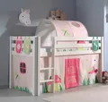 Produktbild: Spielbett Hochbett Kinderbett 90x200 Vorhang Tunnel Rosa Blumen Holzbett Weiß