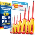 Produktbild: S&R Elektriker Schraubendreher-Satz 7-tlg – Kreuz/Schlitz Schraubenzieher-Set mit Spannungsprüfer, VDE-Isolation bis 1000V, Chrom-Molybdän-Stahl, ergonomischer Kraftform-Griff, magnetische Spitzen
