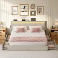 Produktbild: VASAGLE Doppelbettgestell, Bettgestell, 160 x 200 cm, LED, Metallbett, 4 Schubladen, Ladestation, verstellbares gepolstertes Kopfteil, Cappuccinobeige - Beige