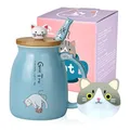 Produktbild: Katze-Becher Süße Kaffeetasse aus Keramik mit Kawaii-Katze Holzdeckel und schöner Löffel aus Edelstahl Neuheit Morning CupKaffee-Milch-Tee-Becher - 3D-Tier Katzen-Tassen für Katzenliebhaber Frau Blau