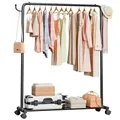 Produktbild: Yorbay Multifunktioneller Höhenverstellbarer Kleiderständer auf Rollen: Robuste Kleiderstange aus Metall mit Gepäckablage - Platzsparende Garderobenständer für Schlafzimmer Waschküche (117 cm Breit)