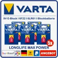 Produktbild: 5x VARTA Longlife Max Power 9V E-Block Batterien 6F22 6LR61 (5 Stück)