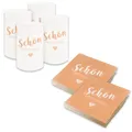 Produktbild: itenga Tischdeko Set - Servietten Schön dass du da bist 30 x 30cm 3-lagig 40 Stück und 6 Windlichter für Kommunion Konfirmation Hochzeit Taufe und andere Feiern (apricot)