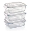 Produktbild: Grizzly Glas Frischhaltedosen, Set 3x 1040 ml, luftdicht, rechteckig, Click-Verschluss, vielseitige Vorratsdosen für Ofen, Mikrowelle, Gefrierfach