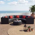 Produktbild: Poly-Rattan Garnitur rund HWC-E17, Garten-Set Sitzgruppe schwarz, Polster dunkelgrau, Kissen terracotta - Schwarz